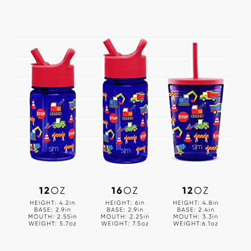 בקבוק מים לילדים מודרני פשוט כוס טריטן ללא פלסטיק עם מכסה קש חסין דליפות | לשימוש חוזר ועמיד לפעוטות, בנים, בנות / אוסף פסגה / 16 עוז, עקיצת כריש